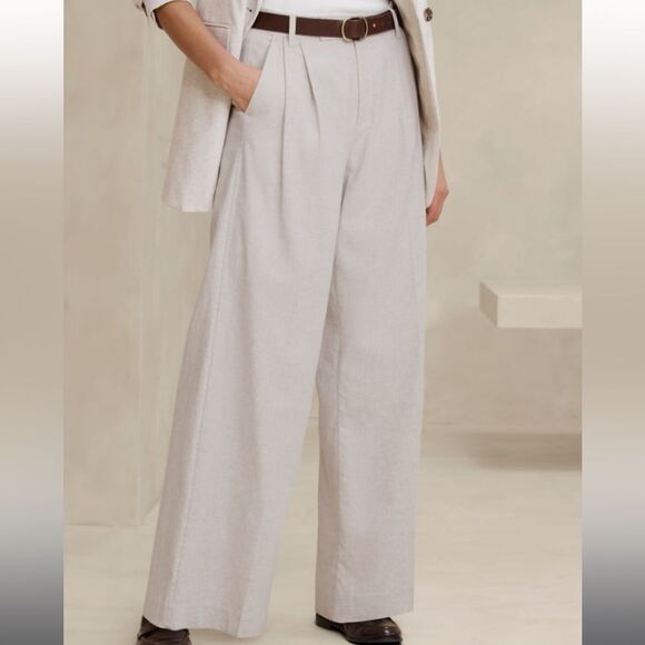 BANANA REPUBLIC Linen-Blend Wide-Leg Pleated Pant, Black, Size 12 - Picture 3 of 8